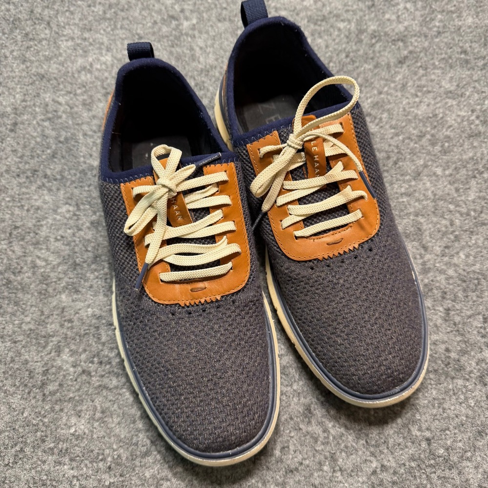 COLE HAAN ZEROGRAND Navy Blue Knit Leather Oxford Sneakers Mens Size 10.5